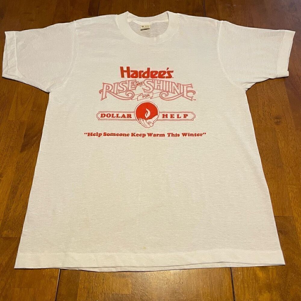 Vtg 80s Hardees Restaurant Rise & Shine Graphic T Shirt Screen Stars USA Mens M